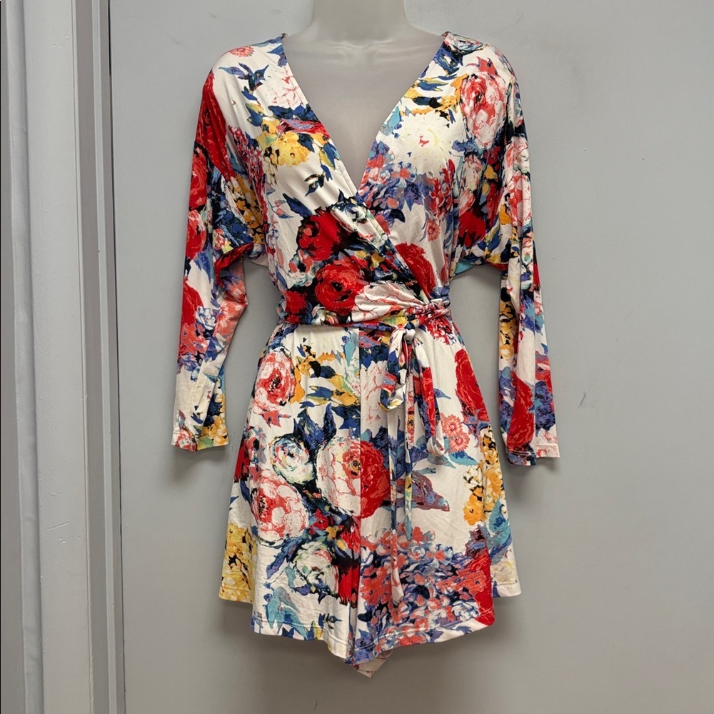 Abbeline Floral Wrap-Style Long Sleeve Romper Cream Multi Women’s Medium